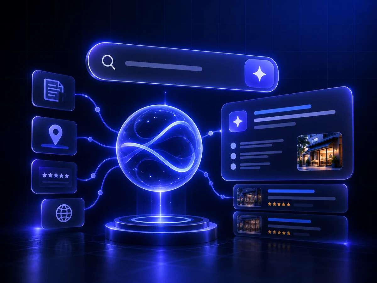 Illustration moteur de recherche IA avec interface de réponse et signaux connectés