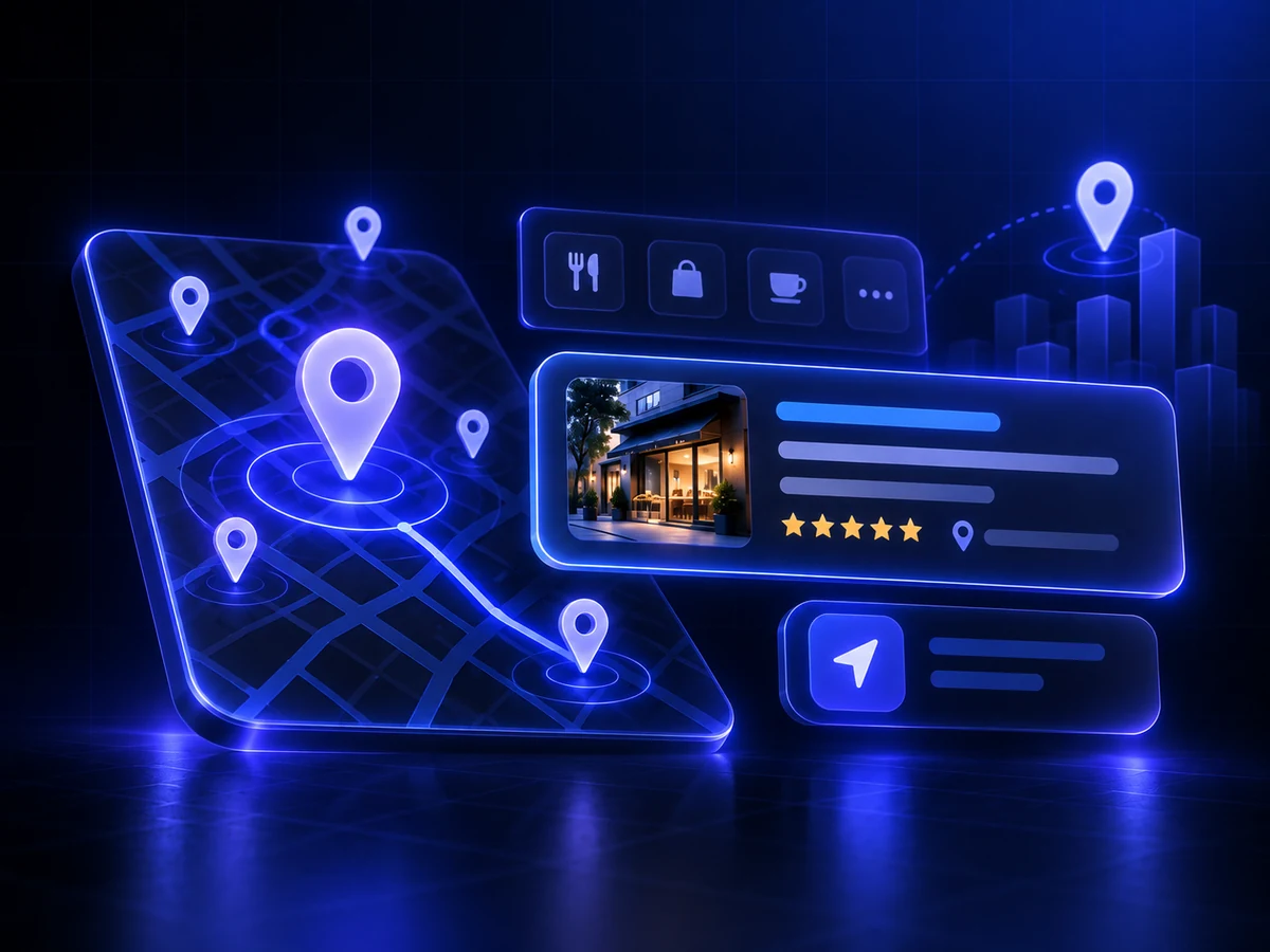 Illustration Google Maps avec carte, points de localisation et fiche établissement